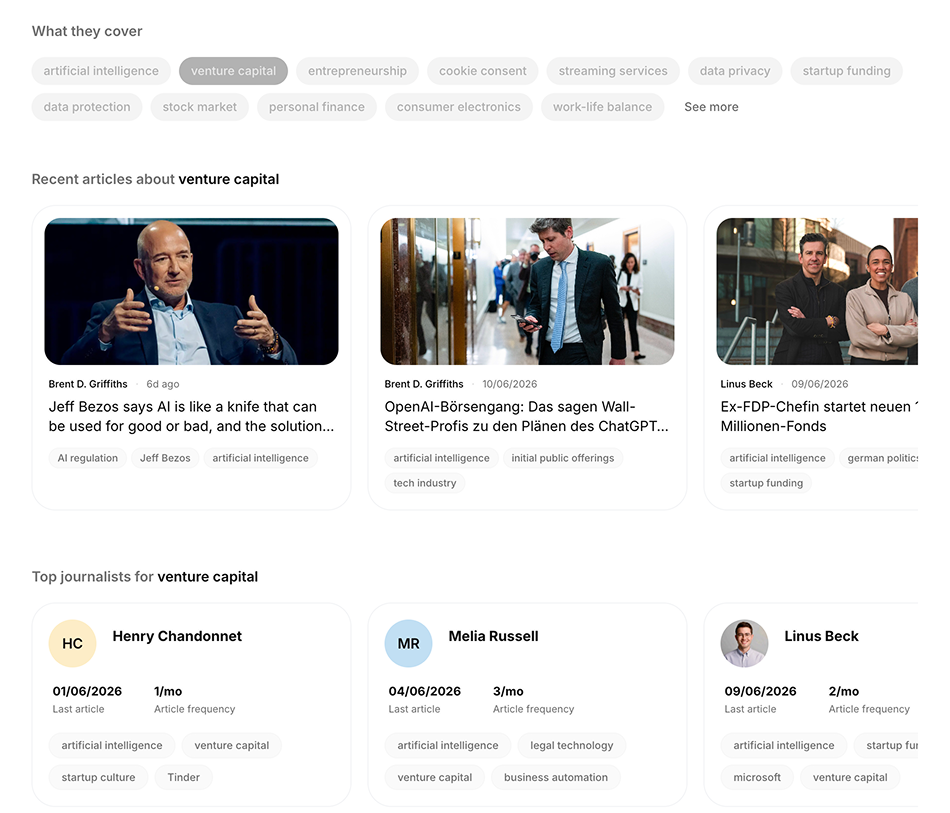 Screenshot showing topics a journalist covers.